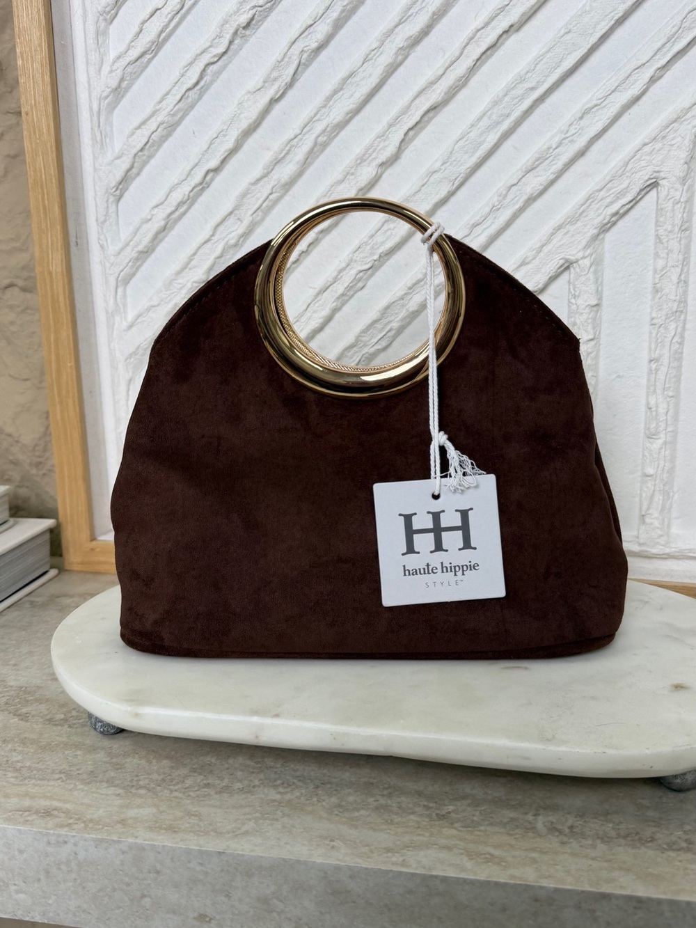 Haute Hippie Chocolate Brown Suede Clutch with Gold Ring Handle - Picture 8 of 16